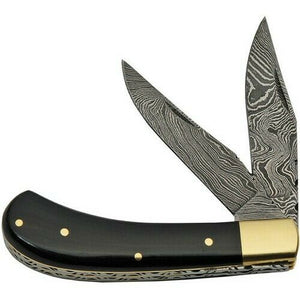 7" Damascus Buffalo Horn Two Bladed Trapper Pocket Knife - Frontier Blades