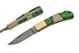 7" Green Wood Damascus Folding Pocket Knife (DM-1169) - Frontier Blades
