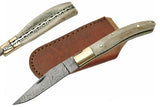 8.25" Damascus Steel Antler Folding Knife For Sale (DM-1087) - Frontier Blades