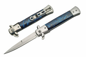 8.75" Blue Pearl Oceanic Acrylic Stiletto Unique Assisted Pocket Knife (300342-BL)