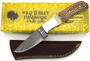 8" Custom Real Damascus Skinning Knife W/ Leather Sheath (DM-789)