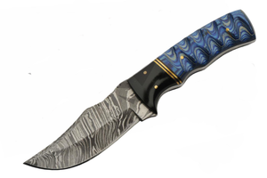8" Damascus Steel Blue Lake Ripple Hunting Knife W/ Sheath