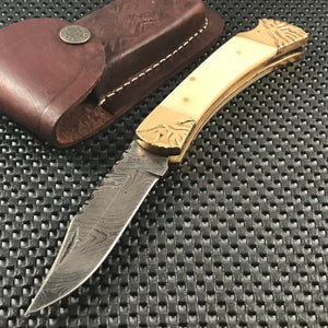 8.5" HAND CRAFTED DAMASCUS STEEL FOLDING KNIFE w/ BONE HANDLE (BB-18) - Frontier Blades
