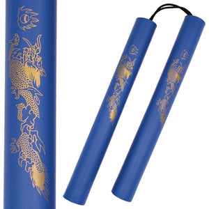 12" Blue Foam Nunchucks W/ Golden Dragon Graphic (801-BL) - Frontier Blades