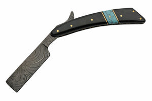 6.25" Blue Horn Damascus Steel Shaving Razor Folding Knife - Frontier Blades