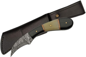 Bone Horn Real Damascus Skinning Knife W/ Precision Hook Blade & Authentic Leather Sheath (DM-1260HN)