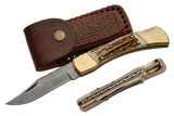 Damascus Folding Stag Handle Pocket Knife w/ Filework - Frontier Blades