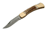 Damascus Folding Stag Handle Pocket Knife w/ Filework - Frontier Blades