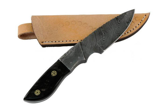 Damascus Skinning Knife W/ Black Buffalo Horn Handle & Sheath (DM-52)
