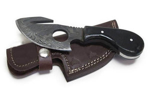 Damascus Skinning Knives Cat Gut Hook Blade & Buffalo Horn Handle (DM-81H)