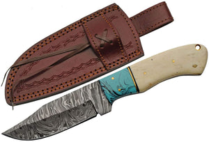 Damascus Skinning knife Turquoise Bone Handle W/ Leather Sheath (DM-1275)