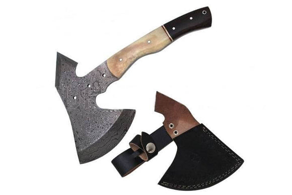 Damascus Steel Axe W/ Full Tang Blade & Camel Bone Buffalo Horn Handle (DM-526BH)
