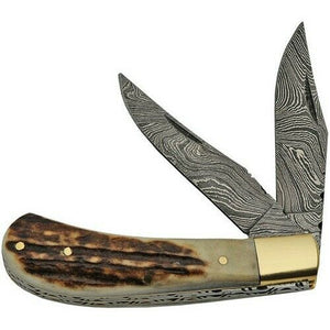 Damascus Two Bladed Stag Horn Trapper Pocket Knife (DM-1224SG) - Frontier Blades