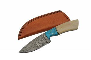 8" Damascus Bone Blue Turquoise Skinning Knife - Frontier Blades