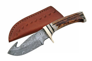 9" Damascus Steel Gut Hook Hunting Knife (DM-1008) - Frontier Blades