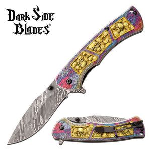 Dark Side Blades Ballistic Gold Skulls Fantasy Pocket Knife - Frontier Blades