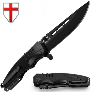 7.75" Grand Way Spring Assisted Military Black Pocket Knife 6681 - Frontier Blades