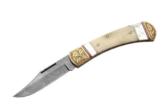 Handmade Damascus Steel Mother of Pearl Pocket Knife - Frontier Blades