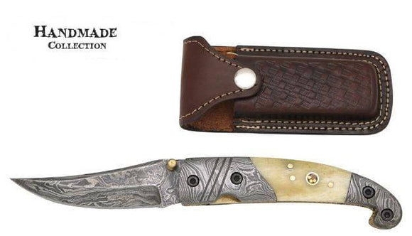 Handmade Real Damascus Knives W/ Horn Handle & Folding Pocket Blade (DM-201B)