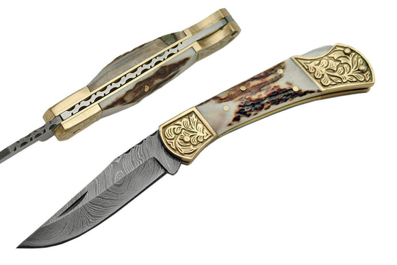Handmade Damascus Steel Engraved Bolster Folding Knife - Frontier Blades
