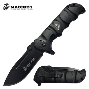 8.75" USMC Marines Black Military Plain Pocket Knife (MA1059BK) - Frontier Blades