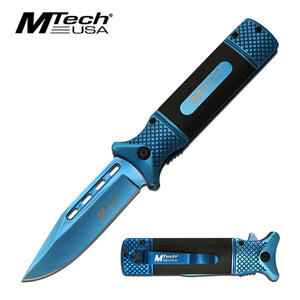 8.5" MTech USA Blue Spring Assisted Drop Point Blade Pocket Knife - Frontier Blades