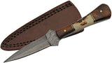 Real Damascus Dagger Knife W/ Baby Boot Blade & Stag Wood Handle's Authentic Dark Brown Leather Sheath (DM-1267)