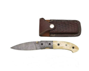 Real Damascus Knife Folding Pocket Blade W/ Leather Sheath (DM-212)