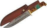 Real Damascus Knife For Sale Textured Burnt Bone Hunting Bowie W/ Top Grain Leather Sheath (DM-1256)