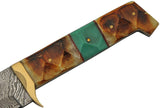 Real Damascus Knife For Sale Textured Burnt Bone Hunting Bowie's Brown & Turquoise Textured Handle (DM-1256)