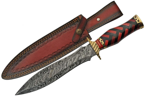 Real Damascus Knife Red Black Braided Wood Dagger W/ Top Grain Leather Sheath (DM-1272)