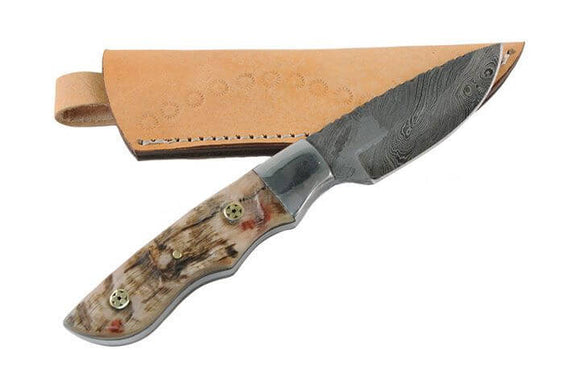 Real Damascus Skinning Knife W/ Ram Horn Handle (DM-54)