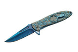 Rite Edge Blue Titanium Deer & Vine Assisted Cool Spring Assisted Pocket Knife Single Open View (300385-BL)