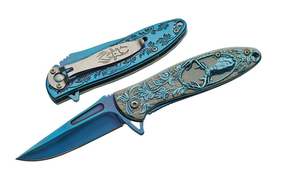 Rite Edge Blue Titanium Deer & Vine Assisted Cool Spring Assisted Pocket Knife (300385-BL)