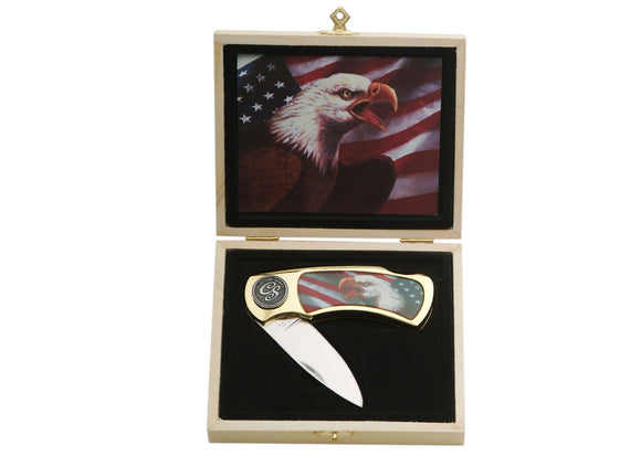 Rite Edge Mad Eagle Patriotic Gold Finish Folding Pocket Knife (CS-6024)