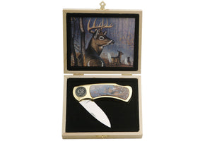 Rite Edge White Tail Deer Gold Finish Folding Pocket Knife Gift Box (CS-6025)