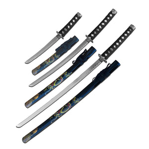 37" SAMURAI 3 PIECE STAINLESS STEEL BLADE CORD WRAP HANDLE SWORD SET - Frontier Blades