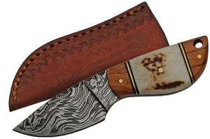 Short Baby Boot Dagger Damascus Skinning Knife W/ Olivewood Handle & Authentic Leather Sheath (DM-1249)
