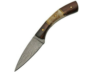 Short Real Damascus Skinning Knife Curved Stag & Wood Handle (DM-1268)