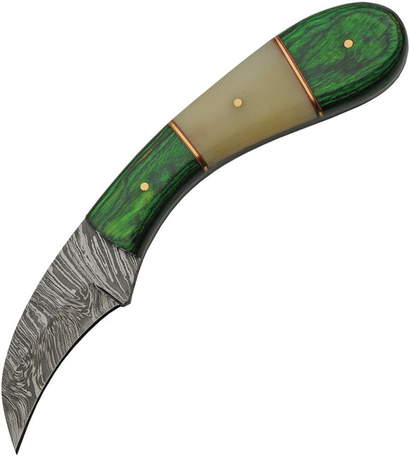 Short Small Damascus Skinning Knife W/ Bone Green Wood Handle (DM-1260GN)