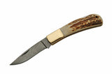 Single Bolster Lockback Stag Damascus Folding Knife - Frontier Blades