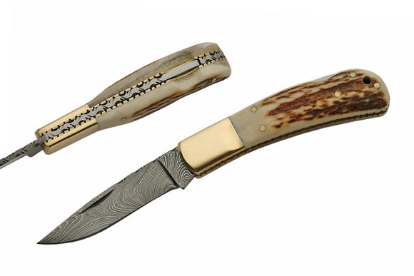 Single Bolster Lockback Stag Damascus Folding Knife - Frontier Blades