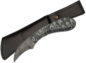 Small Portable Damascus Skinning Knife W/ White Resin Marble Handle & Authentic Black Leather Sheath (DM-1260BK)
