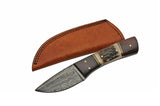 8" Stag & Wood Short Damascus Skinning Knife - Frontier Blades