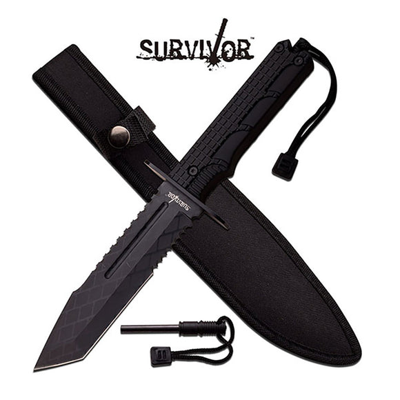 Survivor Heavy Duty Black Fixed Blade Survival Knife W/ Fire Starter (HK-796TW)