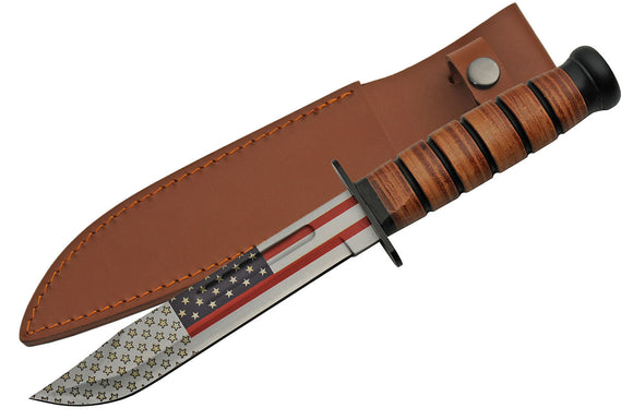 U.S. Flag WWII Combat Fighter Leather Handle Fixed Blade Knife (211461)