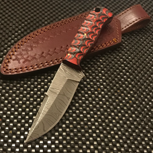 8" Full Tang Red & Black Grooved Damascus Skinning Knife W/ Sheath (DM-1219)