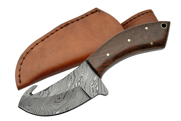 7.5 Hand Forged Damascus Steel Gut Hook Skinning Knife, Natural
