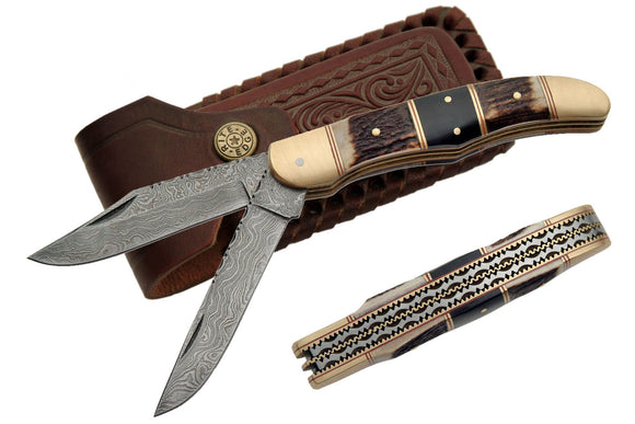 Handmade Damascus Steel Pocket Knife (2 Blades) - Frontier Blades