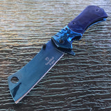9" Spring Assisted Tactical Blue Satin Outdoor Folding Pocket Knife Razor